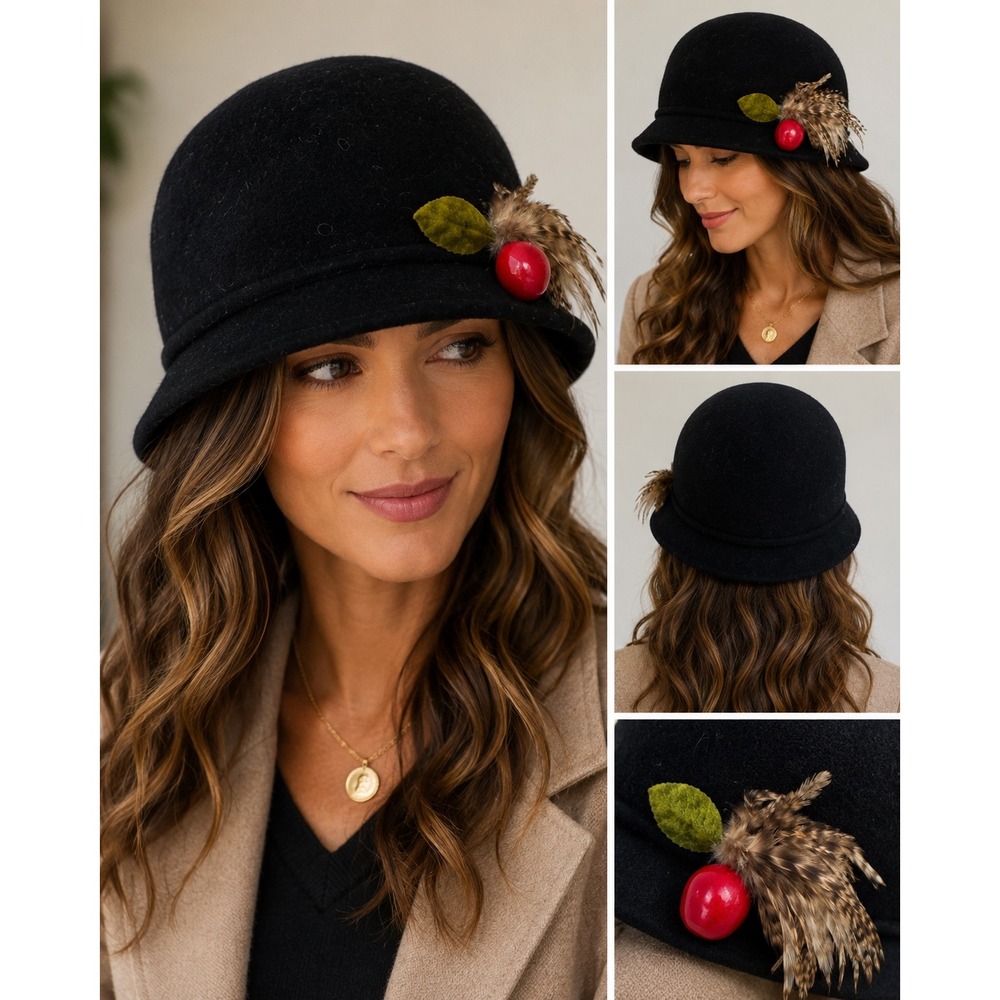 Jacki Black Wool Felt Hat Vintage Style Feather Berry Accent 1920s Flapper